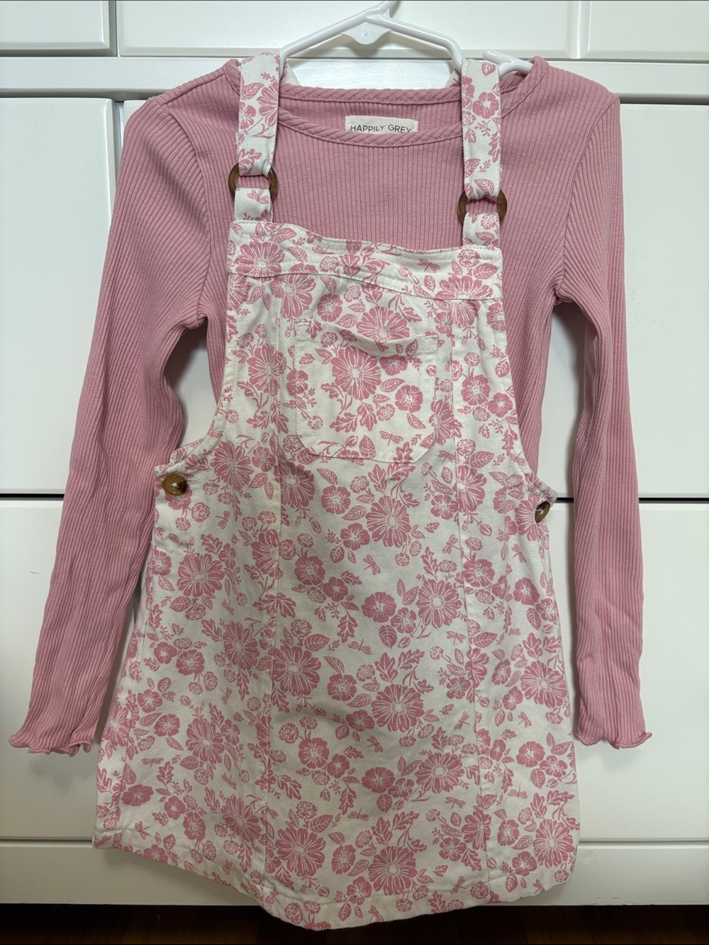 Girls' Pink Floral Pinafore Dress Two Piece Spring Back To School Cute